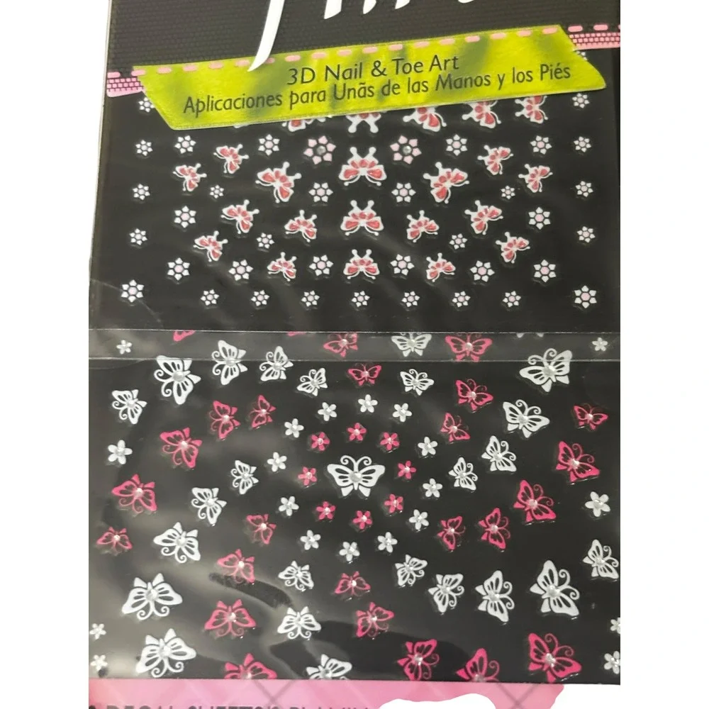 Fingrs Flirt 3D Nail Toe Art Decals Pink White Butterfly Floral 31335 2 Sheets
